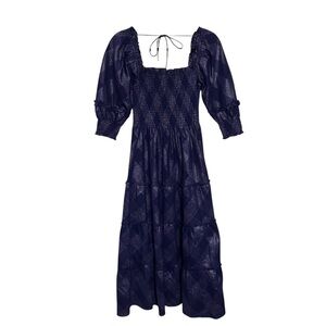 Hill House Size X-Small Navy Blue Nesli Nap Metallic Midi Dress Check Pattern